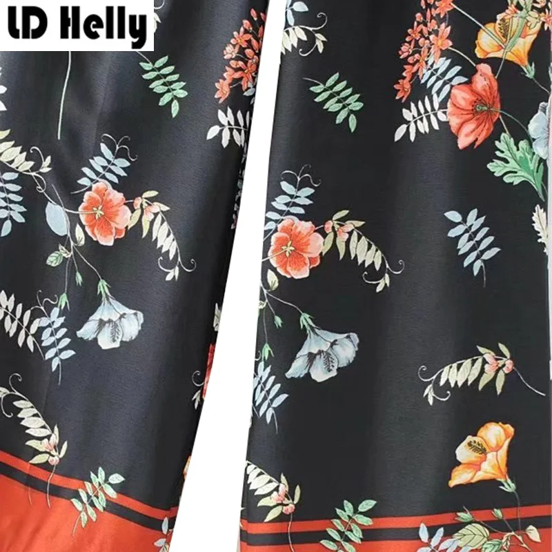 LD Helly винтажные женские черные длинные брюки с цветочным принтом модные