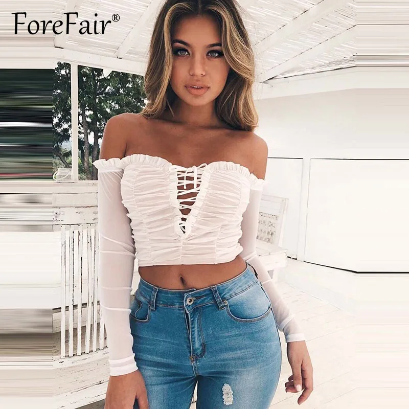 Forefair сексуальный сетчатый укороченный топ женские футболки с открытыми плечами с длинным рукавом с вырезом лодочкой на шнуровке укороченные летние топы черного и белого цвета