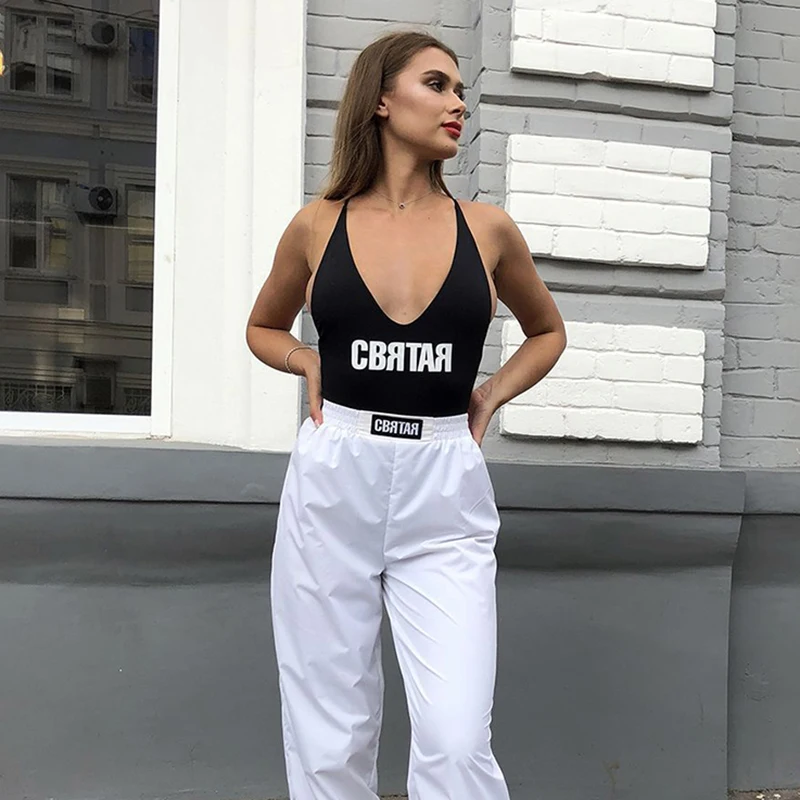 InstaHot, Женское боди с буквенным принтом, без рукавов, лето, v-образный вырез, сексуальный комбинезон, наряд для отпуска, топ на тонких бретелях