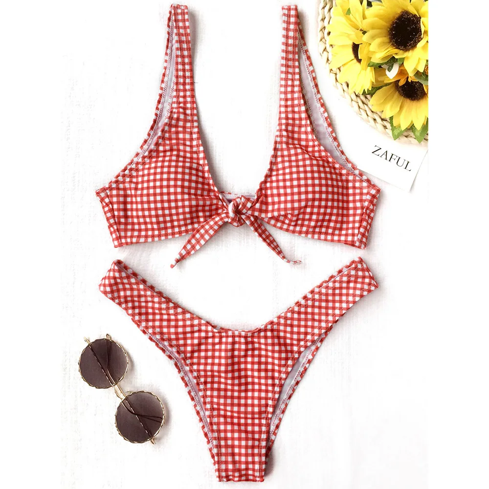 Женское клетчатое бикини со средней талией и глубоким вырезом|swimwear sexy|swimwear women