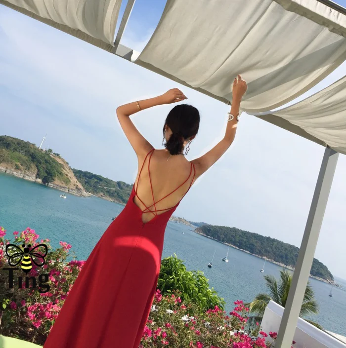 Tingfly пляжное богемное Летнее Длинное платье vestidos женское сексуальное платье с открытой спиной и v-образным вырезом на бретельках женское белое красное платье Макси