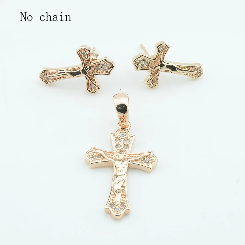 No chain FJ женский 585 розовый крестик позолоченный кристалл серьги-гвоздики церковный крестик Подвесной Ювелирный Набор+ опционально ожерелье - Окраска металла: No chain