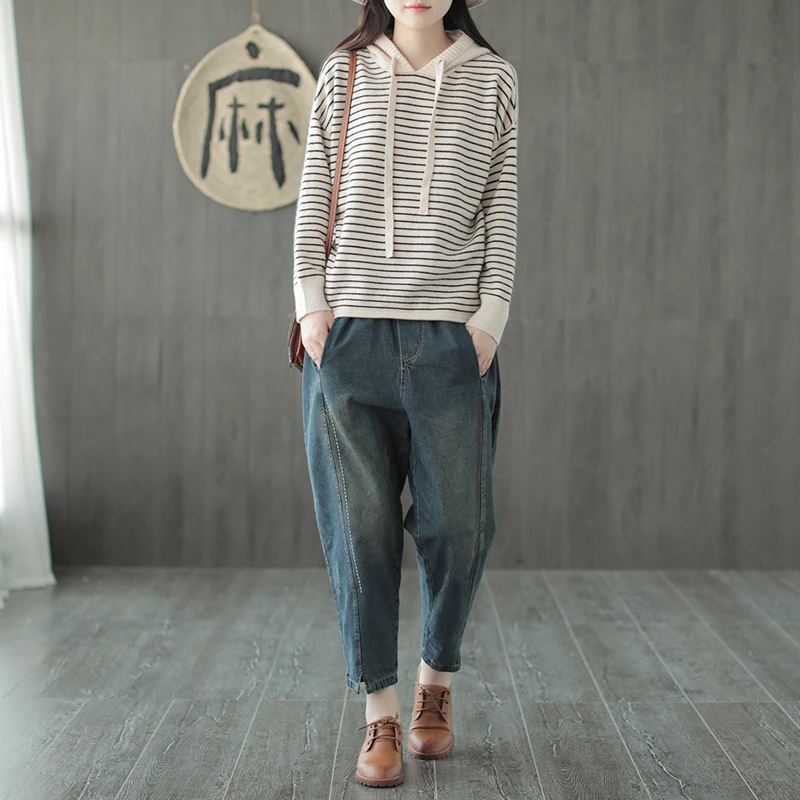 Autumn Sweater Women Fashion Loose Casual Tops New Mori girl Hooded Long-sleeved Striped High Quality Blended Female | Женская одежда