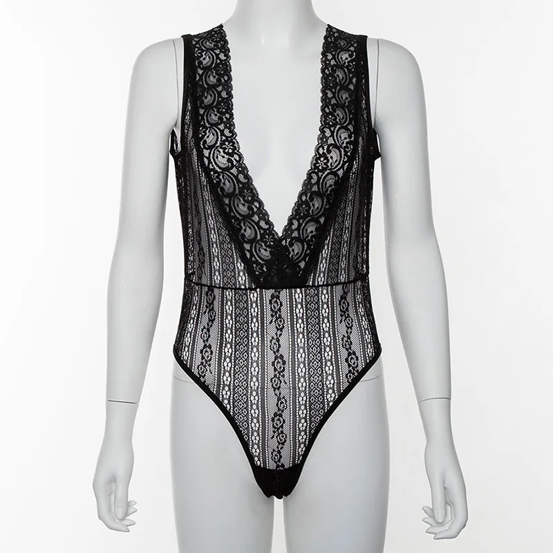 Shestyle Deep V Neck Lace Transprent Bodysuits Women Scoop Back Hollow Out Black Flower Striped Body Summer Sexy Beachwear