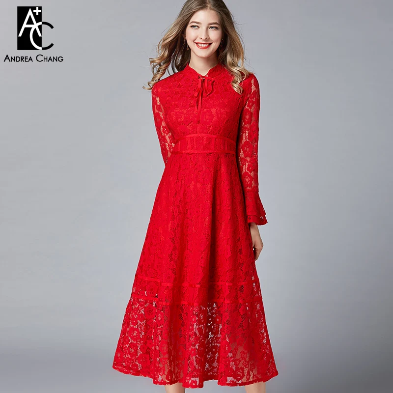 PLUS SIZE woman dress summer spring high quality floral pattern red lace flare sleeve stand collar calf length 5XL | Женская одежда