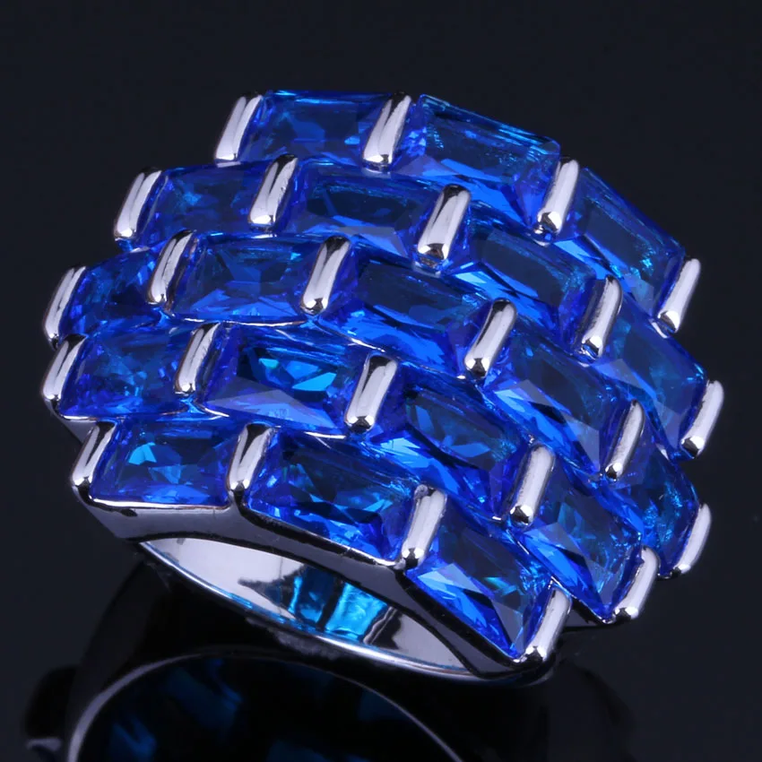 

Ravishing Big Rectangle Blue Cubic Zirconia Silver Plated Ring V0537