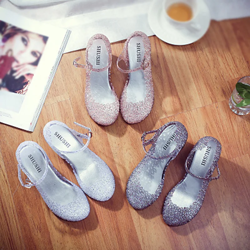 Женские прозрачные сандалии на танкетке с ремешком и пряжкой 2019|Боссоножки