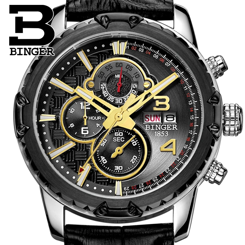 

BINGER Mens Chronograph Luminous Leather Strap Quartz Wristwatches Fashion Waterproof Military Sport Watch for Man Black