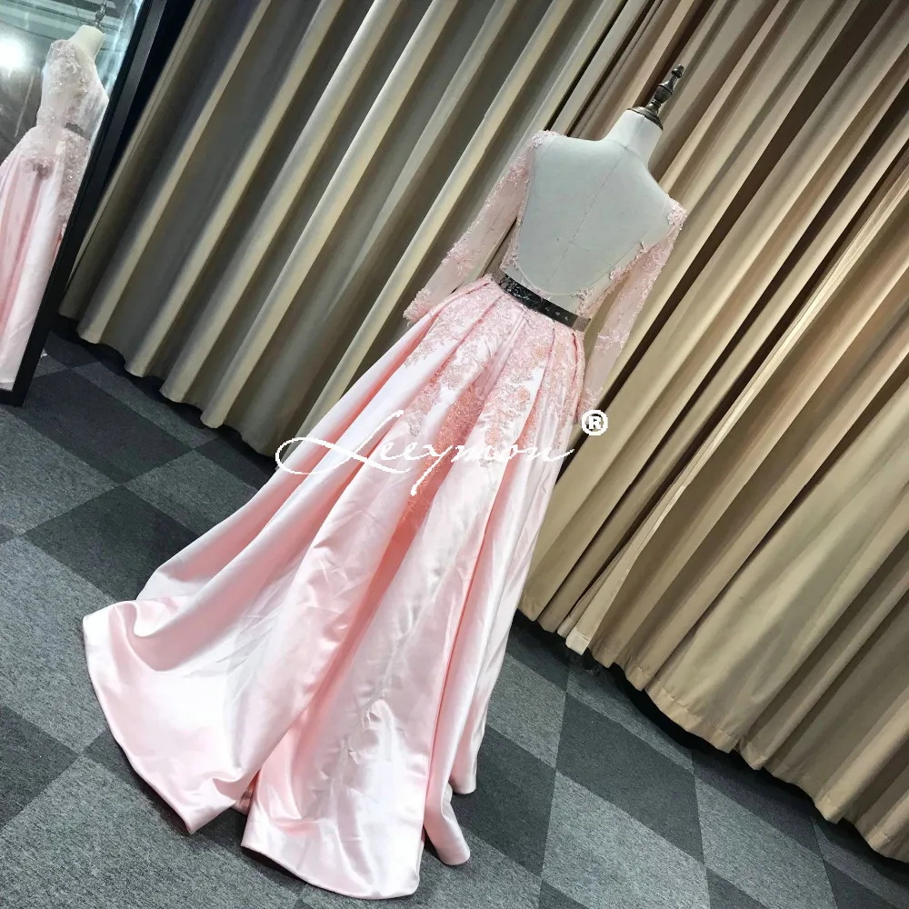Leeymon Long Sleeves Open Back Pink Satin Prom Dress Court Train Fashion 2020 New Prom Gown for Party LY7251