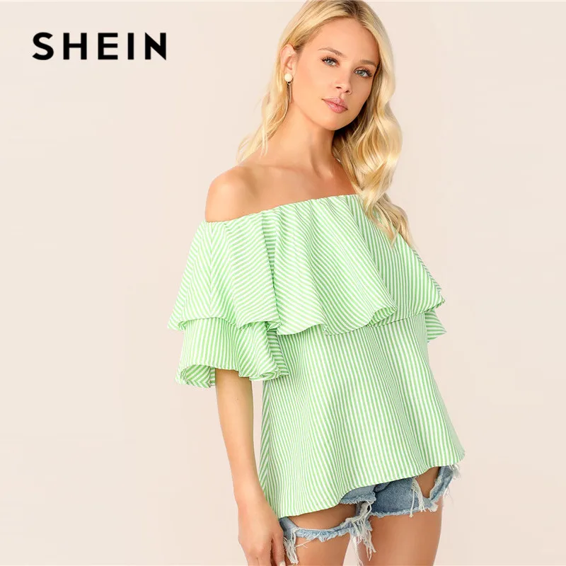 SHEIN Полосатый Топ С Открытыми Плечами И Оборками Летняя Пляжная Блузка С Воланами Для Женщин