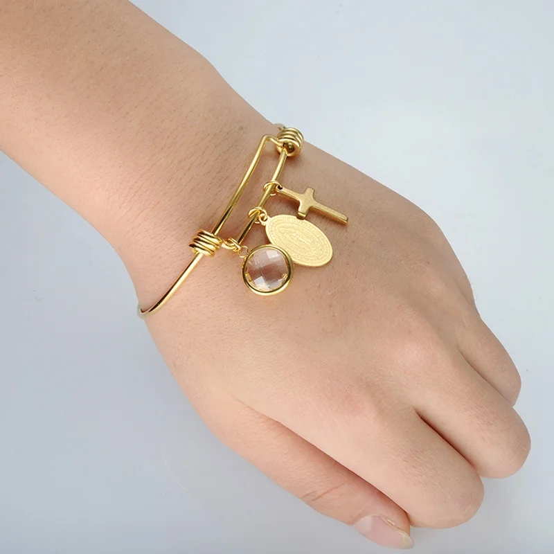 Titanium Stainless Steel Bling Jesus Prayer Virgin Mary Crucifix Crystal INRI Cross Nail Cuff Charms Bracelet Bangles Jewelry | Украшения и