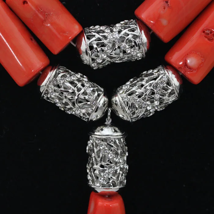 Бусины Натуральный Коралл Серебряный коралловый Свадебный комплект ожерелья