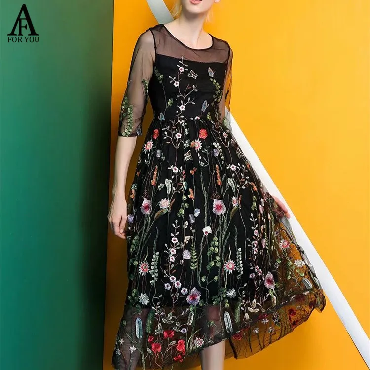 2017 женщин вскользь цветочный вышивка voile dress сексуальная перспектива black sheer summer