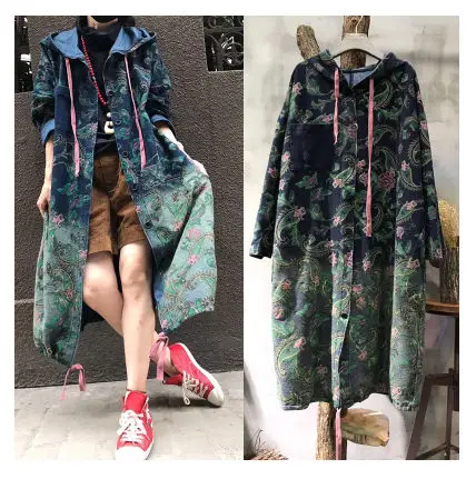 New Harajuku Denim Trench Coat For Women Oversizes Jeans Outerwear Long Sleeve Single-breasted Retro Print Streetwear f924 - Цвет: print windbreaker