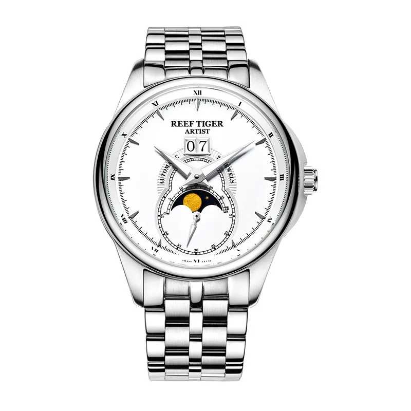 Reef Tiger/RT модные и благородные часы для мужчин механические часы Moon Phase двойное окно Дата Кожаный ремешок Часы RGA1928 - Цвет: RGA1928YWY