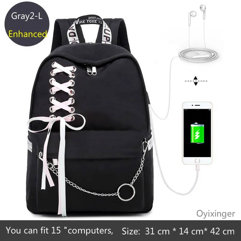 Black2-L Fashion Girl Schoolbag Students Pink Laptop Backpack School Bags For Teenage Girls Women Backpacks Mochila infantil Escolar - Color: Black2-L