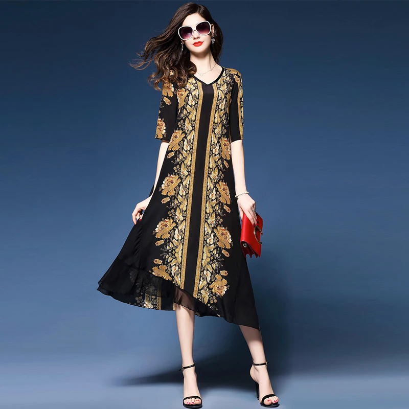 Summer Dresses  2019 new women Loose Vintage Casual Costume Imitate Real Silk Print Dresses Lady's Evening Party Dress images - 2