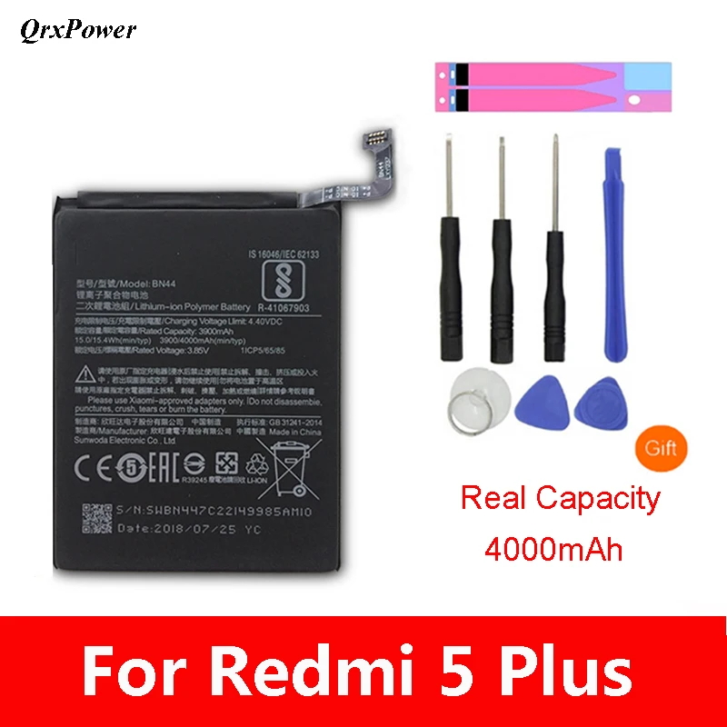 Аккумулятор мобильного телефона BN44 для Xiaomi Redmi 5 Plus, реальная емкость, 4000 мАч, сменный литий-ионный аккумулятор+ инструмент