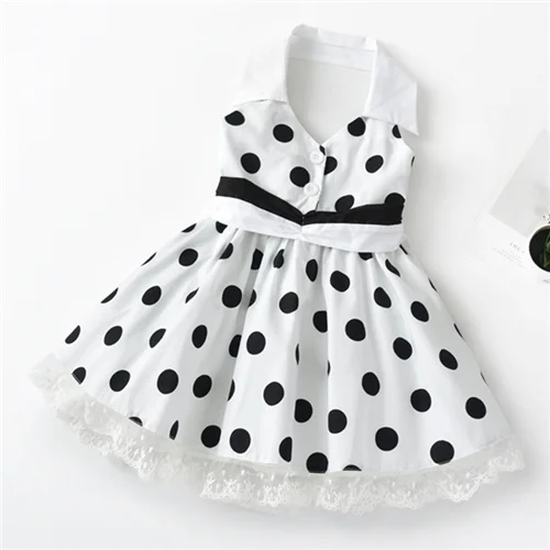 Белый SHEIN Kids/винтажное платье-рубашка белого цвета с контрастным кружевом и узором в горошек для девочек; коллекция года; милое летнее расклешенное короткое платье без рукавов с высокой талией - Цвет: Белый