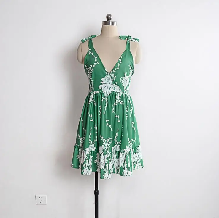 

Summer bandage Print Short Dress Women Deep V Neck Backless Sleeveless Mini Sexy Dress Female Bohemia Sundress Clothing B435
