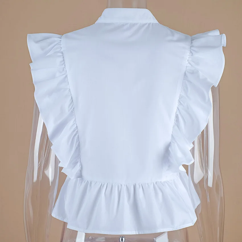 Summer Sleeveless White Tunic Blouses For Women Ruffled Button Panty shortened Tops Shirts Short Sleeve Women's Office Fas | Женская