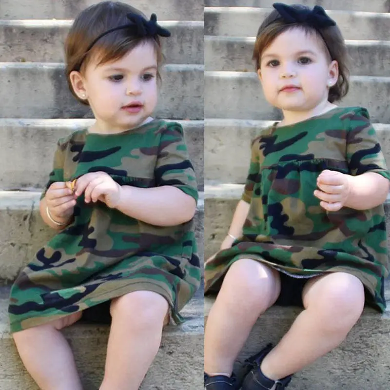 Summer Kids Baby Girls Dress Cute Army Green Camouflage Short Sleeve Loose Outfit Clothes Toddlers Soft Mini Vestidos | Детская одежда
