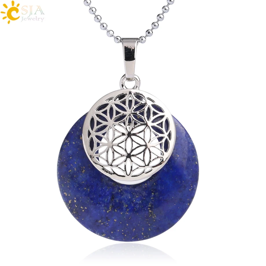 Lapis Lazuli CSJA натуральный камень кулон цветок жизни ожерелье рейки амулеты выдалбливают круг Подвески подходят для женщин мужчин Шарм ювелирные изделия G052 - Окраска металла: Lapis Lazuli