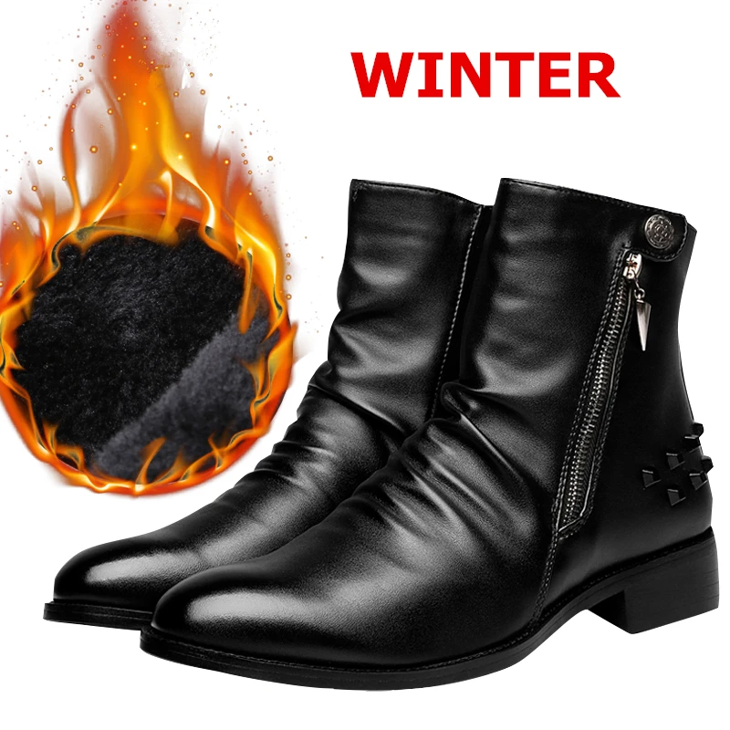 Winter Misalwa/мужские ботинки челси с острым носком на молнии; мотоботы; зимняя обувь в британском стиле; мужские Ботильоны под платье, увеличивающие рост - Цвет: Winter