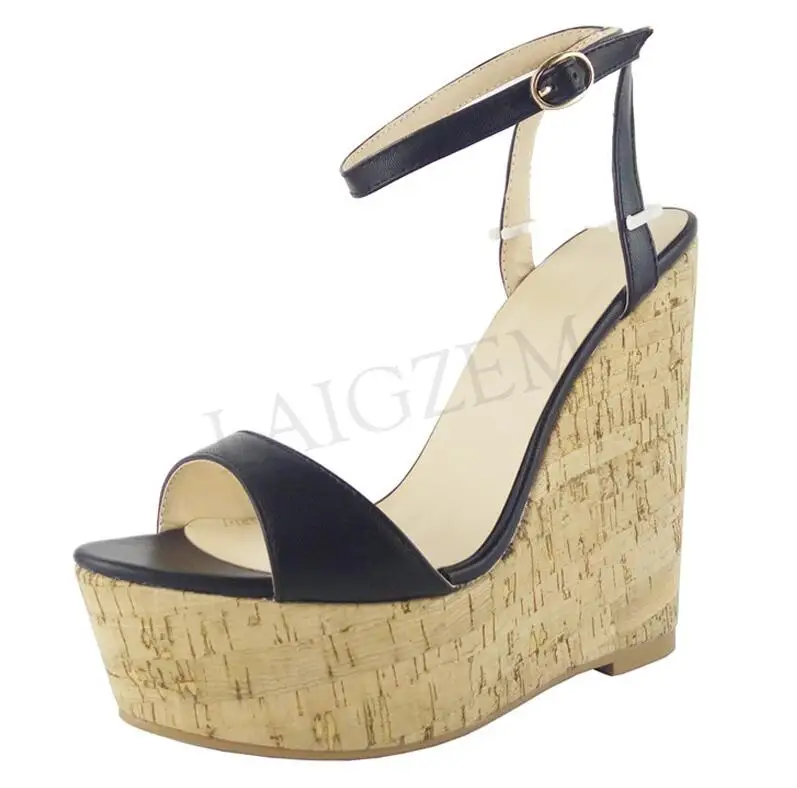 LGZ475 Black LAIGZEM/женские босоножки Туфли-лодочки на танкетке с ремешком на щиколотке и деревянным принтом женские туфли для клубов вечеринок; Sandalia; размеры 34-45 - Цвет: LGZ475 Black
