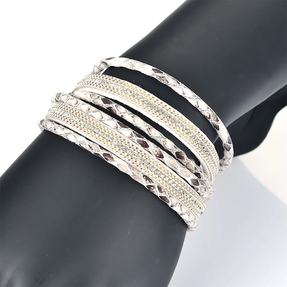 Женский браслет из змеиной кожи с двойной застежкой и кристаллами | Украшения