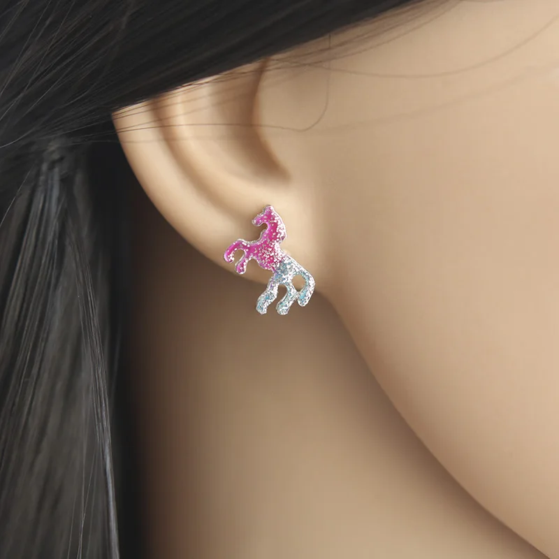 Trendy 2018 Multicolor Enamel Unicorn Stud Earrings For Women Personalized Jewelry Female Alloy Silver Horse Earring Brincos | Украшения и
