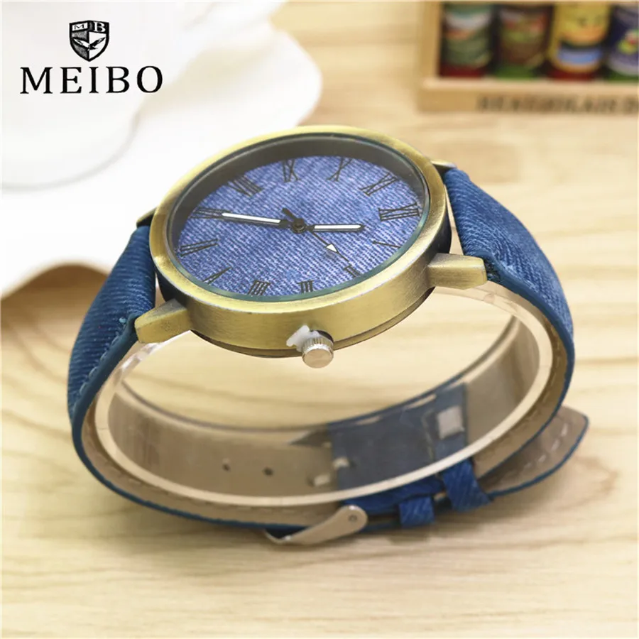 Роскошные однотонные мужские часы модные кварцевые наручные MEIBO из джинсовой