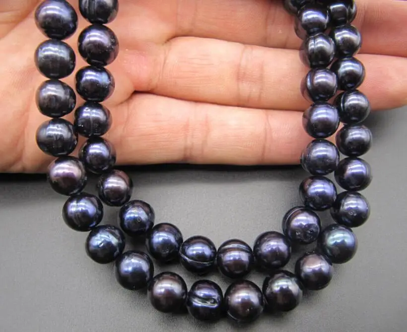 charming 2 row 10-12mm Natural tahitian black pearl necklace