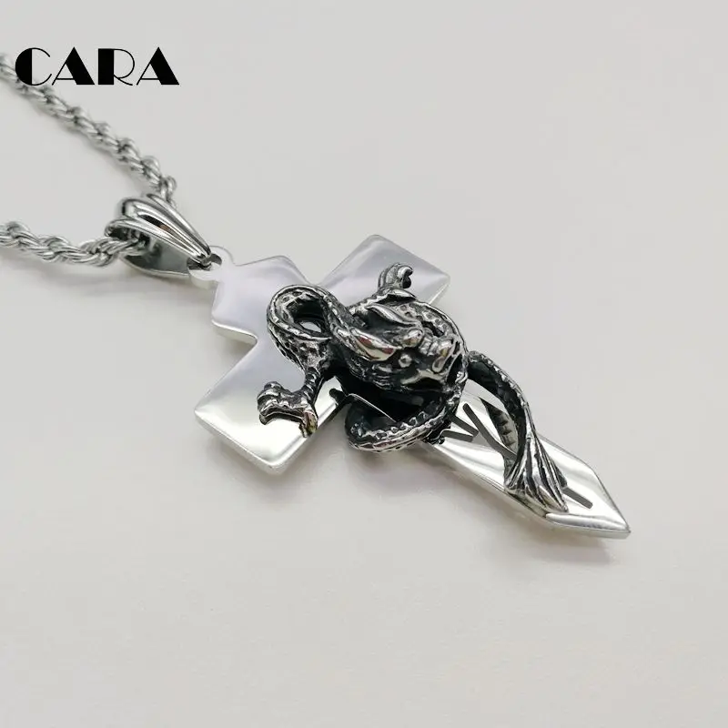 2019 New high polished 316L Stainless steel 3D dragon Cross pendant necklace mens charm fashion CARA0303 | Украшения и аксессуары