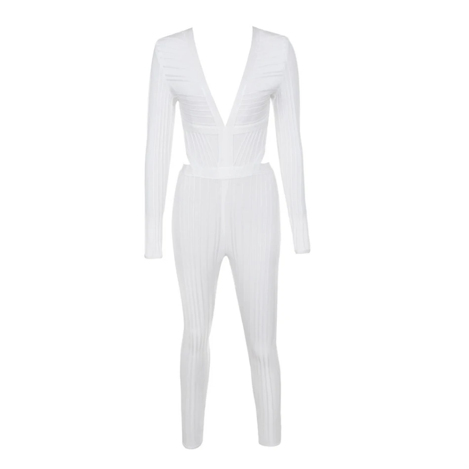 Женский комбинезон с длинным рукавом белый Облегающий треугольным вырезом и