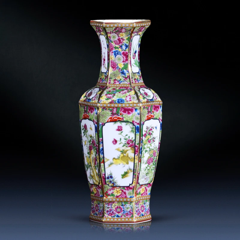 Антикварная керамическая ваза Qing Qianlong эмалированная позолоченная Шестигранная