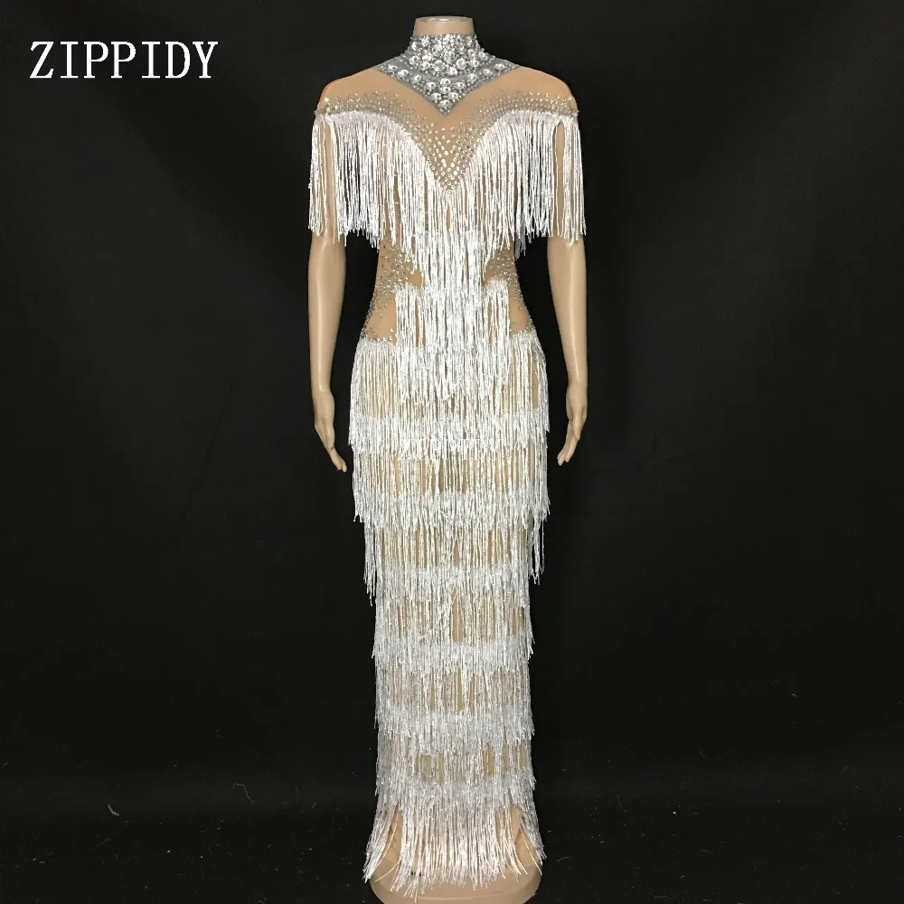 Birthday Celebrate Tassel Dress Nightclub Stage Women Singer Dancer Long Fashion Rhinestones Fringes Evening | Женская одежда