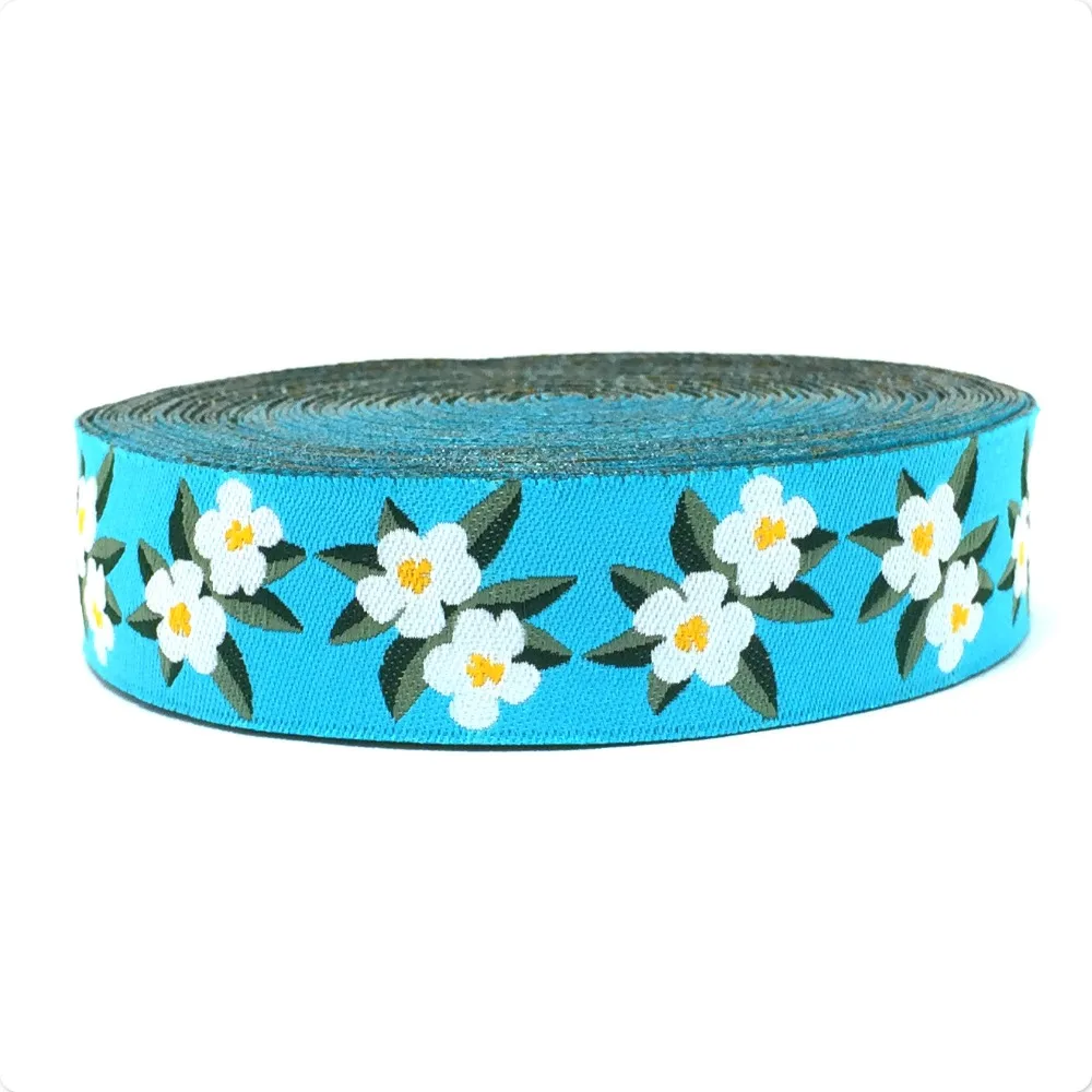 

2016 New clothing accessories 22mm 7/8" 10y/lots Woven Jacquard ribbon White flowers ribbon dog ribbon