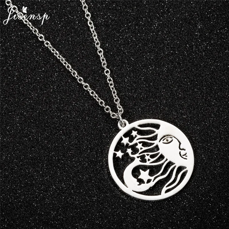 Jisensp Unique Round Sun Moon and Stars Pendant Necklace for Women Gothic Style Star Long Chain Jewelry Gift | Украшения и