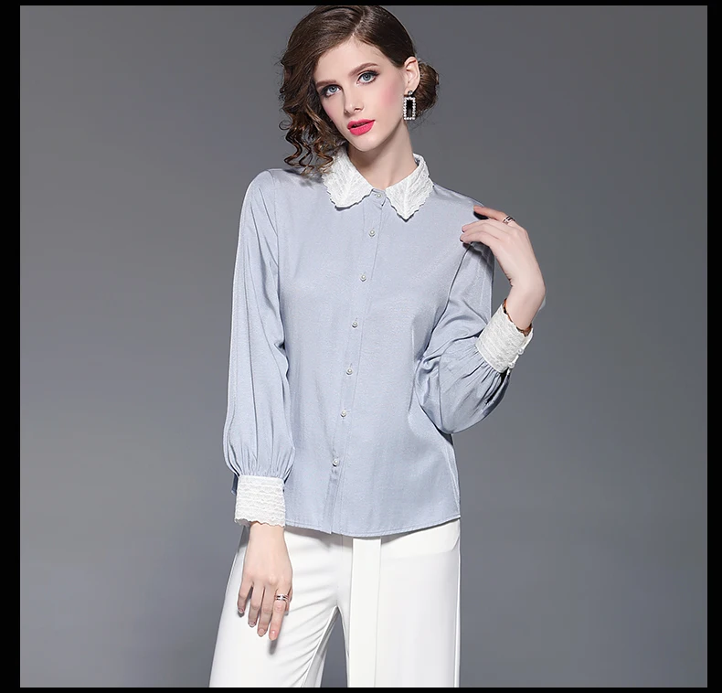 Elegant Blue-gray Lace Patchwork Pure Color Ladies Blouse Long-sleeved Temperament Women Chiffon C605 | Женская одежда