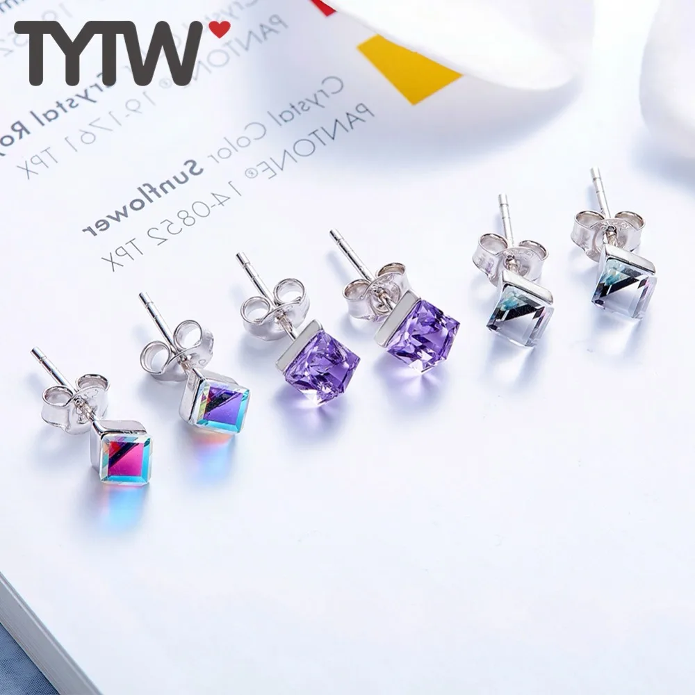 Женские серьги пусеты TYTW элегантные квадратные из серебра S925 пробы с фиолетовым