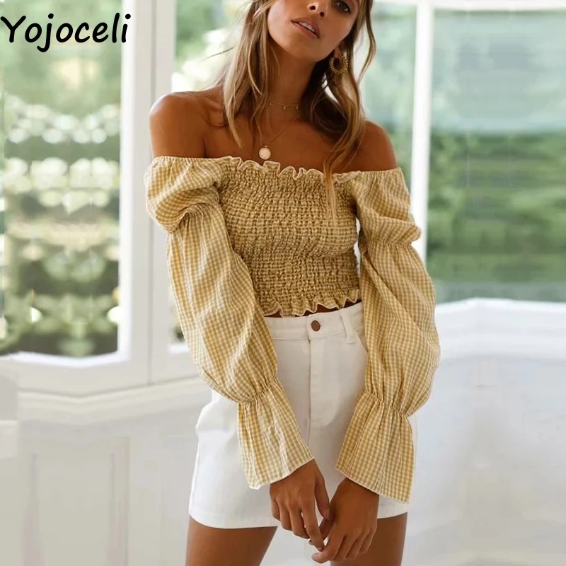 Yojoceli Сексуальная клетчатая блузка с открытыми плечами женские весенние