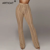 articat high waist knitted sexy pants women transparent hollow out crochet wide leg pants autumn party women trousers bottoms
