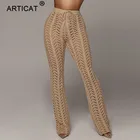 Женские трикотажные брюки Articat, прозрачные ажурные Брюки с высокой талией и широкими штанинами, штаны для вечеринки на осень