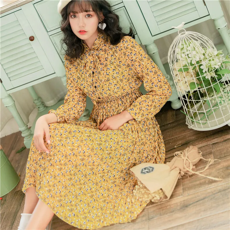 REAL PHOTO Print Dress Корейской Моды Стенд Воротник С Длинным Рукавом Талия Тонкий