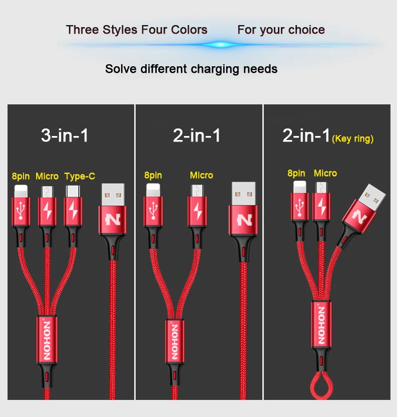 NOHON 3 в 1 type C 8Pin Micro USB кабель для iPhone 8X7 6 6S Plus iOS 10 9 8 samsung Nokia USB кабели для быстрой зарядки шнур