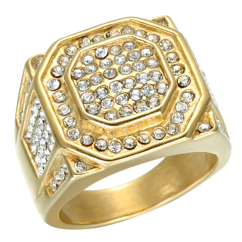 Хип хоп все микро проложить CZ Iced Out Bling большое кольцо с шестиугольной верхушкой IP