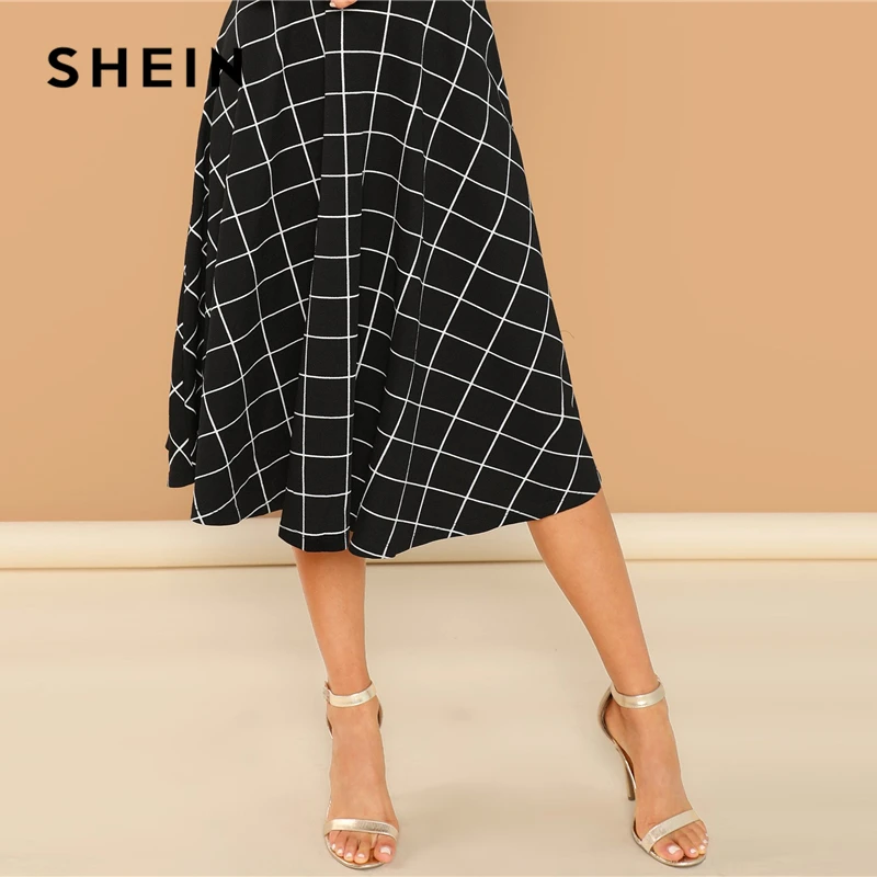 SHEIN Платье Клёш В Клетку С Длинным Рукавом Клетчатое Платье С Расклешенной Юбкой