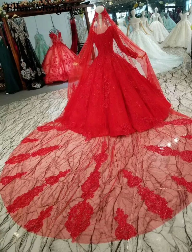 Muslim Long Sleeves Red Wedding Dresses 2019 for Women Vintage V NecK Floor Length Customized Ball Gowns Bridal with Veils | Свадьбы и