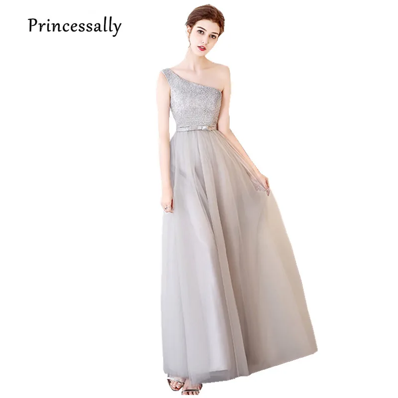Женское вечернее платье на одно плечо светильник-серое кружевное для подружки